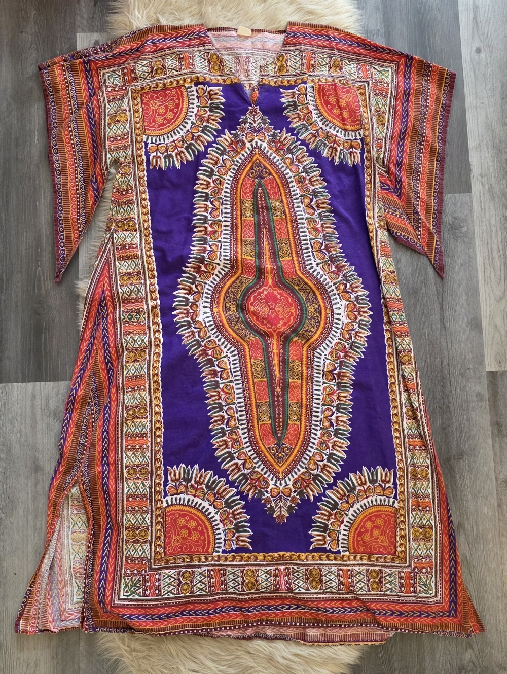 Vintage 1970s Dashiki Kaftan Dress Kimono Sleeve Purple‎ And Red